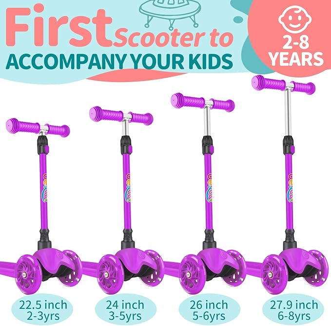 BELEEV A1 Scooter for Kids Ages 2-6, 3 Wheel Kick Scooter for Toddlers Girls Boys, Light up Wheels, Adjustable Height, Lean to Steer, Non-Slip Deck, Lightweight Push Scooter for Children