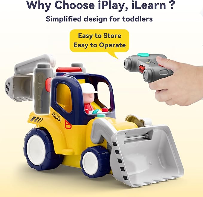 iPlay, iLearn Remote Control Construction Truck Toy for Toddlers 2-4, Baby RC Car Toys W/Light Sound, Backhoe Loader Play Vehicle, Birthday Gift 18 24 Month Infant, 2 3 4 5 Year Old Boy Girl Children