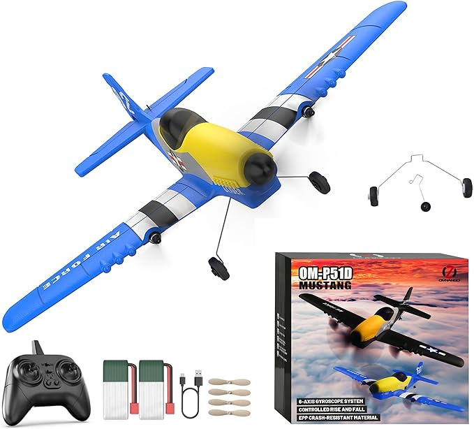 Rc Plane 3-Channel 2.4GHZ Rc Airplane, P51 Mustang Fighter with 2 Batteries, 6 Gyroscopes Stabilization System Easy to Fly Suitable for Beginners, Kids, Adults, Blue