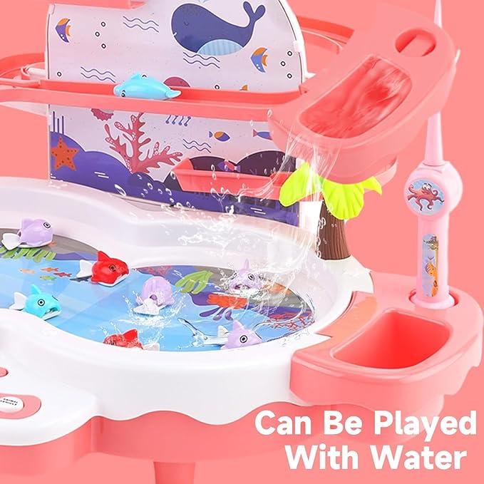 3in1 Fishing Game Toys for Kids with 34PCS Accessories Including Fishing Rod, Small Fish, Track, etc., STEM Toys with Music and Stories for Preschool Learning (Pink)