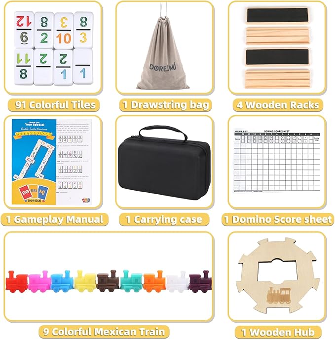 Double 12 Mexican Train Dominoes Set with 4 Wooden Racks & 91 Number Tiles Portable Travel Board Game for Kids and Adults Family Game Night