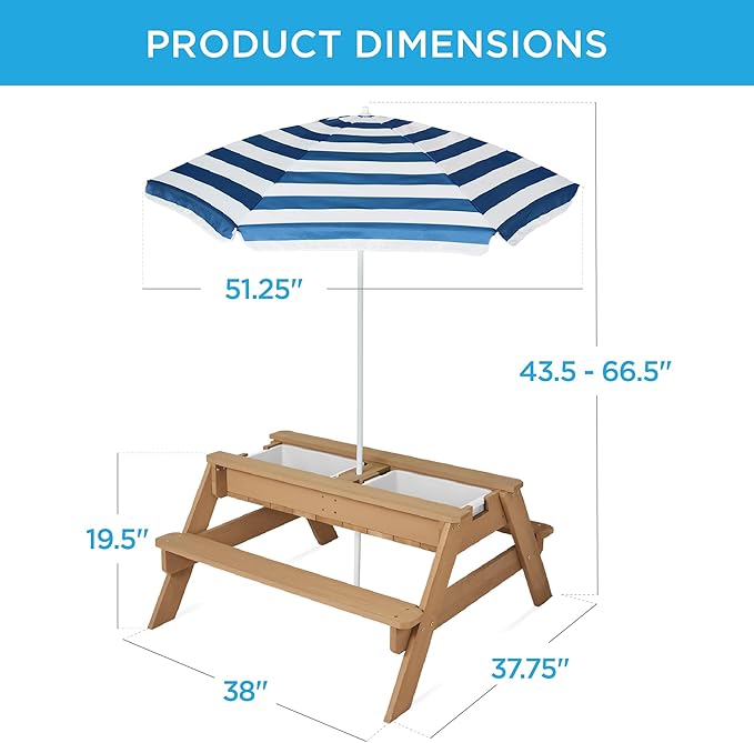 Best Choice Products Kids 3-in-1 Sand & Water Table, Wood Outdoor Convertible Picnic Table w/Umbrella, 2 Trays, Removable Top, 220lb Capacity Per Bench - Navy