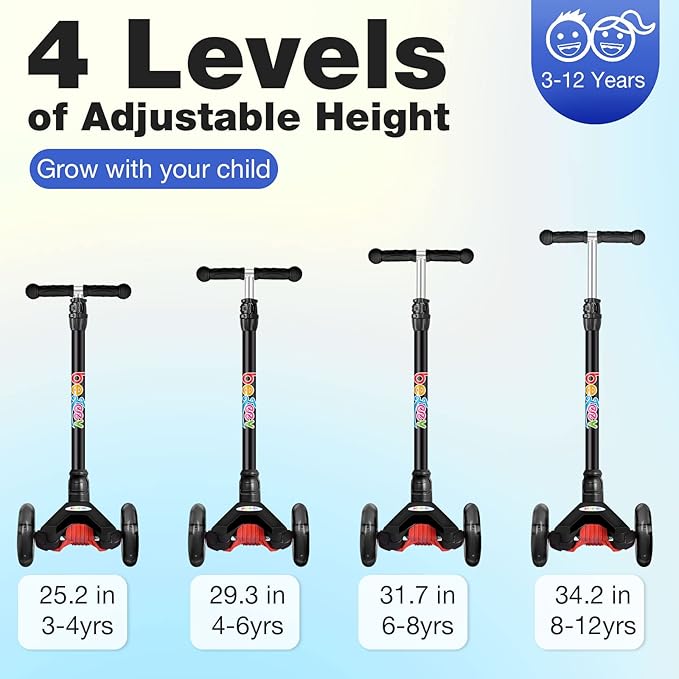 BELEEV A2 Scooters for Kids 3 Wheel Kick Scooter for Toddlers Girls Boys, 4 Adjustable Height, Lean to Steer, Light up Wheels, Extra-Wide Board, Easy to Assemble for Children Gift Sport Toys Ages 3-12