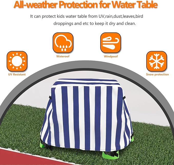 Kids Water Table Cover,Outdoor Heavy 600D Waterproof Anti-UV Dustproof Kids Water Play Table Cover,Compatible with Step2 Rain Showers Splash Pond Toddler Water Table,Blue Striped,Cover Only