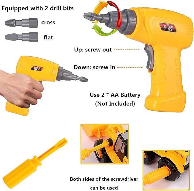 TEUVO Construction Take Apart Toys with Electric Drill, Building Excavator Toy STEM Trucks Vehicle Construction Vehicles for Kids, Educational Learning Gifts for Ages 3+ Boys & Girls