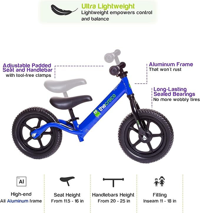 The Original Croco Ultra Lightweight and Sturdy Balance Bike.3 Models for 2, 3, 4, and 5-Year-Old Kids. Unbeatable Features. Toddler Training Bike, No Pedal
