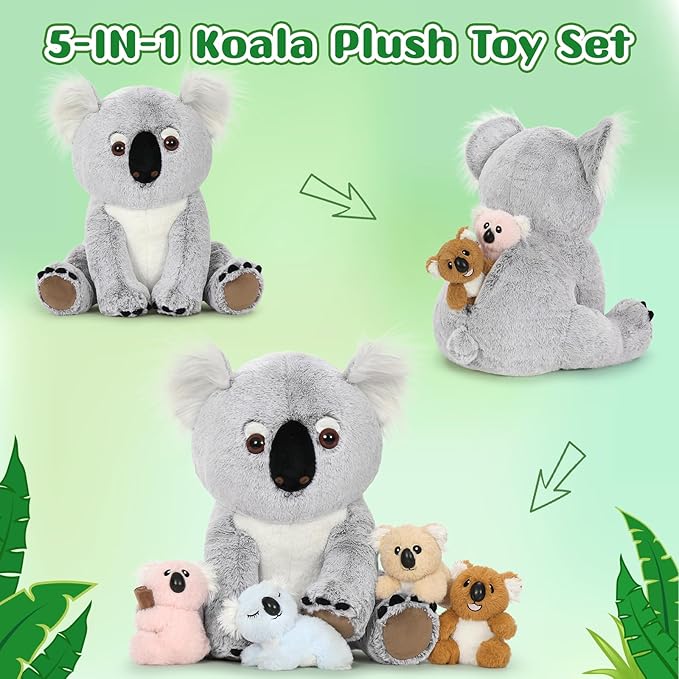 MorisMos Koala Bear Stuffed Animal 17.7 Inch Stuffed Koala Plush Mommy with 4 Babies Cute Toys Gifts for Kids Girls Boys