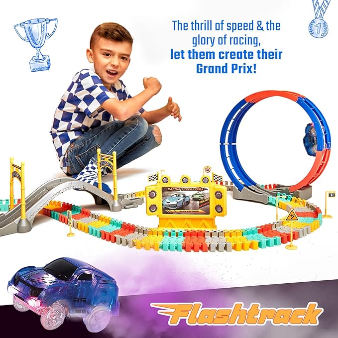 JITTERYGIT Race Track and Dinosaur Track Christmas Bundle Gift, Glow in The Dark Flexible Racing STEM Vehicle Play Set, Magic Racetrack Present for Boys, Girls, Toddler Ages 3 4 5 6 7 8 9 Years Old