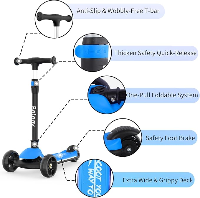 BELEEV A9 Kids Scooter with LED Light-Up Wheels & Deck, 3 Wheel Folding Scooter for Toddlers Girls Boys Ages 3-12, Adjustable Handlebar, Lean to Steer, Extra-Wide Wheels, Kick Scooter for Children