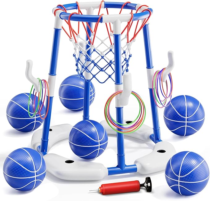 Pool Basketball Hoop, Floating Game with 6 Balls & Pump, Kids Pool Toys for Outdoor Summer Fun, Adjustable Height for Ages 4-8-12, Family Swimming Pool Accessory(Blue)