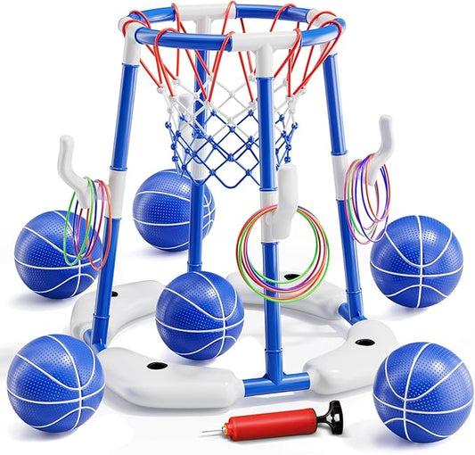 Pool Basketball Hoop, Floating Game with 6 Balls & Pump, Kids Pool Toys for Outdoor Summer Fun, Adjustable Height for Ages 4-8-12, Family Swimming Pool Accessory(Blue)