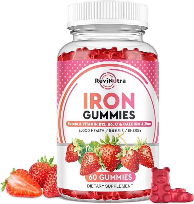 Iron Gummies - with Calcium, Zinc, Folate & Vitamin B12, C,B6 for Adults & Kids - Blood Builder & Energy Support for Iron Deficiency, Anemia, Vegan - 60 Gummies