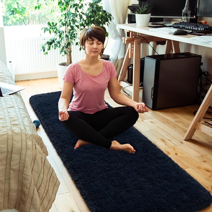 Amearea Shag Fluffy Runner Rug for Bedroom Girls Living Room, 2x6 Feet Extra Soft and Fuzzy Shaggy Rugs, Non Slip, Indoor Floor Long Carpet Mat for Boys Nursery Home Decor, Navy Blue