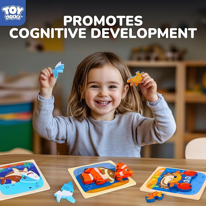 TOY Life Wooden Puzzles for Toddlers 2-4, Sea Animals Puzzles for Toddlers 1-3, Wood Puzzles Educational Montessori Toys Gifts for 1 2 3 Year Old, Baby Kids Learning Toy