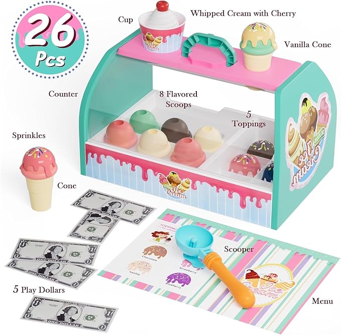 Ice Cream Toy Set for Kids, Pretend Play Ice Cream Shop for Toddlers, Ice Cream Play Set for 3-6 Year Old Girls and Boys, Play Food Accessorie, Educational Toy Food, Gift for 4 5 7 8 Year Olds