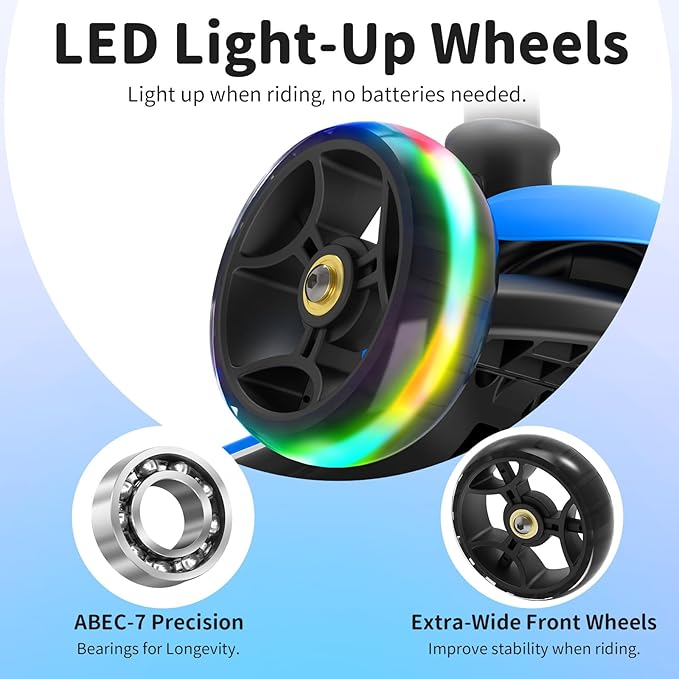 BELEEV A9 Kids Scooter with LED Light-Up Wheels & Deck, 3 Wheel Folding Scooter for Toddlers Girls Boys Ages 3-12, Adjustable Handlebar, Lean to Steer, Extra-Wide Wheels, Kick Scooter for Children