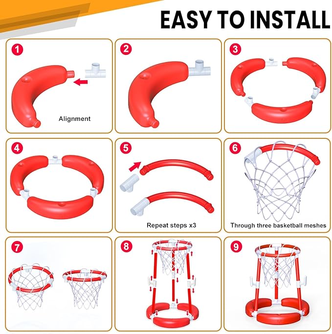 SpringFlower Pool Basketball Hoop,Floating Pool Toys Ring Game with Ring Toss, Balls and Pump, 2-in-1 Summer Outdoor Swimming Pool Basketball Games Play Toy Family Party for Kids Adults, Red