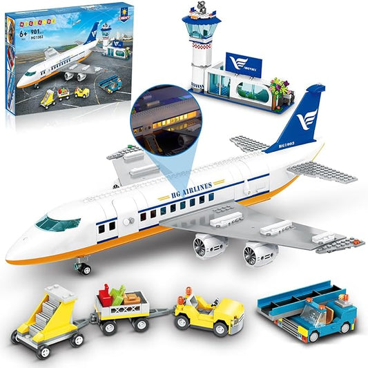 HOGOKIDS City Passenger Airplane Building Set with LED Light, 901 PCS Plane Building Blocks with Airport Terminal, Radar Tower, Luggage Trailer, Planes Model Toys Gifts for Adults Boys Girls Age 6-12+