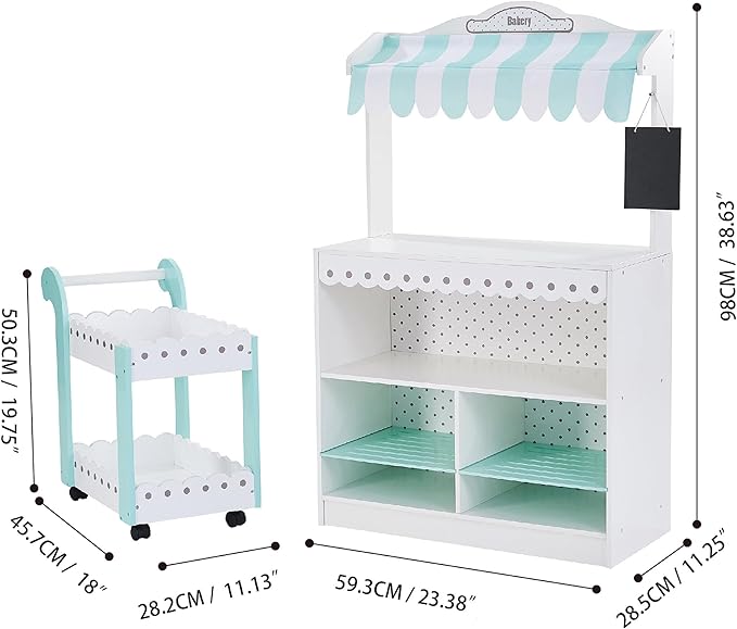 Teamson Kids My Dream Bakery Shop Dessert Stand and Rolling Pastry Cart Interactive Wooden Play Set with 18 Pretend Baked Goods, White and Mint Green with Gray Polka Dot Accents