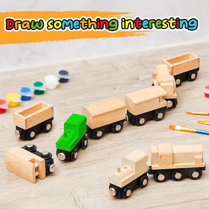 30 Pcs Vivid Unfinished DIY Wooden Trains 5 Styles Unpainted Cars Toys for Railway Paint Project Wood Trains for Birthday Party Theme Decorations Crafts Supplies