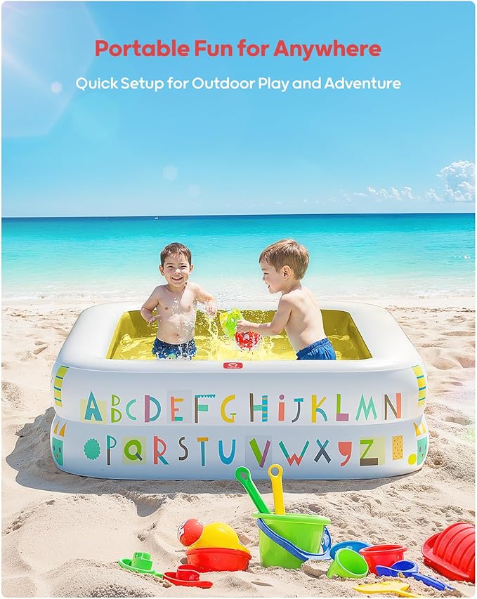 QPAU Kiddie Pool – 65" x 39" Inflatable Pool for Kids & Toddlers, Ball Pit & Baby Pool with Soft Floor, Educational Alphabet & Number, Durable Outdoor Play Toys for Backyard & Indoor Fun (Yellow)