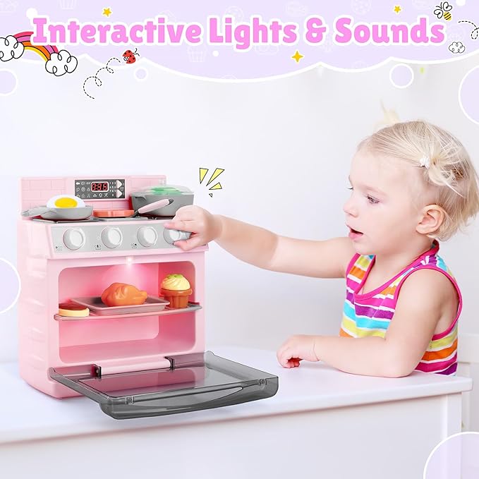 PLAY Toy Oven Kids Kitchen Playset, Kids Play Kitchen Set with 11 Accessories, Realistic Cooking Sounds & Lights, Pretend Play Oven Toddler Cooking Gift Set for Girls Boys Ages 3+