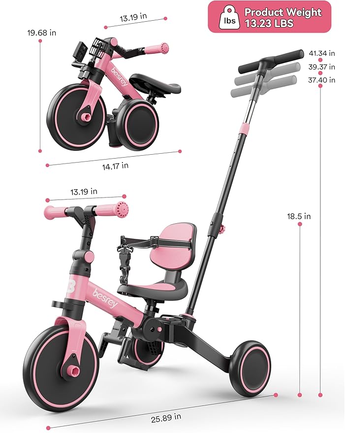 besrey 5 in 1 Toddler Bike, Toddler Tricycle for 1-3 Year Old, Trike with Push Handle, Backrest and Safety Belt, Birthday Gifts and Toys for Boys and Girls, Balance Bike