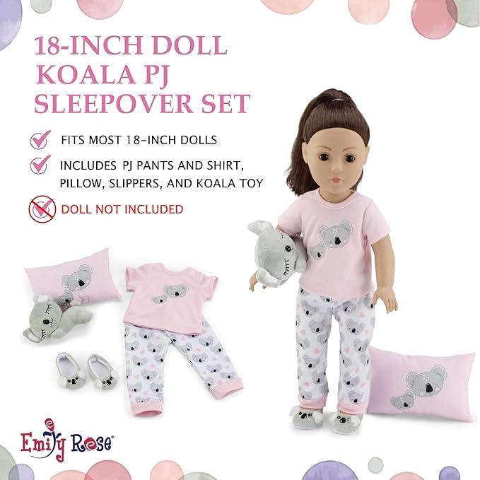 Emily Rose 18-Inch Doll Clothes 5-PC PJ Pajamas Sleepover Outfit & Accessories Set | 18" Doll Pajama Sleep Outfit with Slippers - Includes Pet Koala Toy and Pillow - Ideal Gift Set for Little Girls