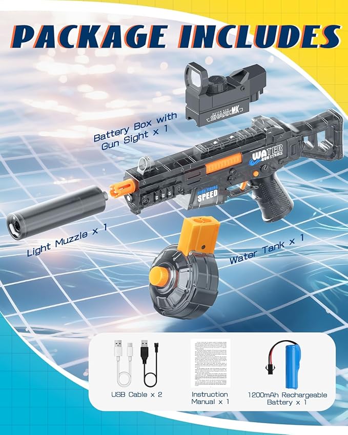 Electric Water Gun for Kids & Adults - Automatic Squirt Gun with up to 32FT Range, Built-in LED Lights & 350mL Leakproof Tank, Rechargeable Summer Pool Beach Outdoor Water Toys for Ages 3+