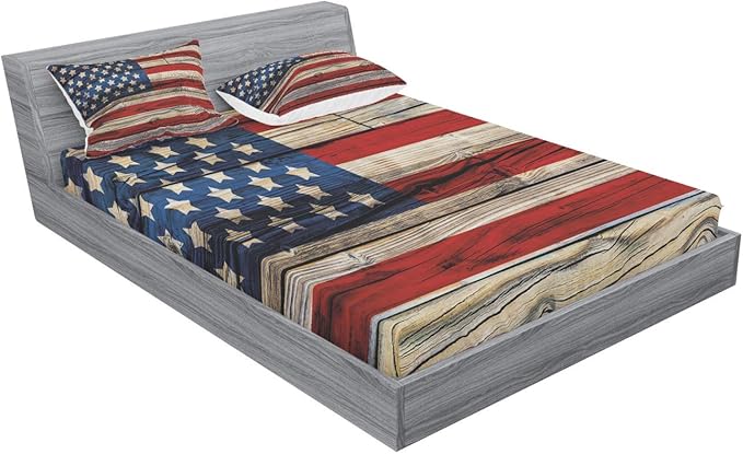 Ambesonne 4th of July Fitted Sheet & Pillow Sham Set, Wooden Planks Painted as United States Flag Patriotic Country Style, Decorative Printed 3 Piece Bedding Decor Set, Full, Red Beige Navy Blue