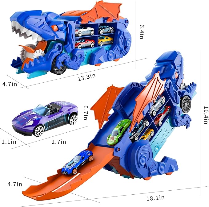 iHaHa Toddler Truck Toys for 3 4 5 6 Years Old Boys, Toys Cars Track Set Dinosaur Transporter Truck with 10 Die-Cast Car Toys, Transforms into Dino, Toddler Car Toys Set for Kids Boys Girls