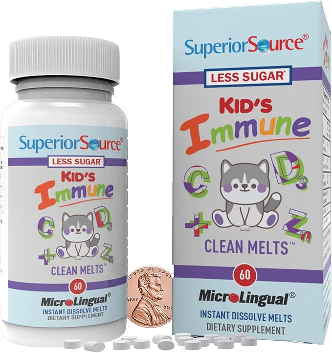 Superior Source Kid's Immune Clean Melts - Immunity Support Supplement - Contains Vitamin C, Vitamin D3, Zinc & Elderberry Extract - Non-GMO & Gluten-Free - 60 MicroLingual Dissolvable Tablets