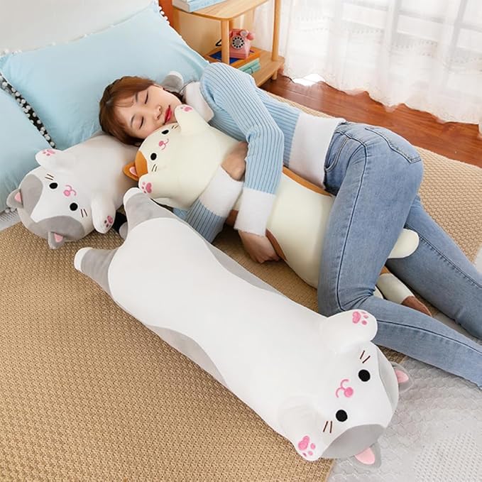 Cat Plush Stuffed Animals Cute Long Cat Body Pillow Plushies Soft Huggable Kitty Pillows for Girls Kids Adults Cat Lovers (New Gray, 27inch)