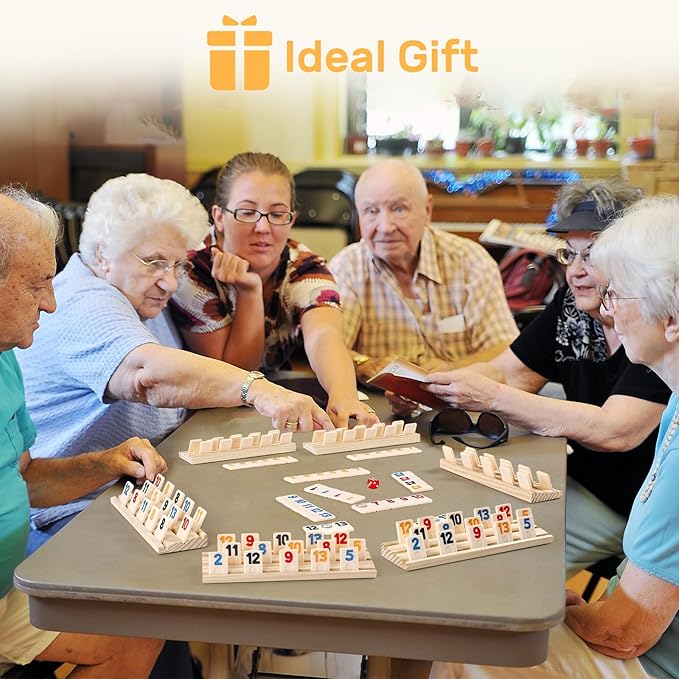 Rummy Cube 8 Player Edition with 8 Wooden Racks/Trays, 214 Large Numbers Rummy Tiles 6-8 Players Set with Zippered Case, Rummy Travel Game Set with 8 Tiles Holders for Family Adults Kids