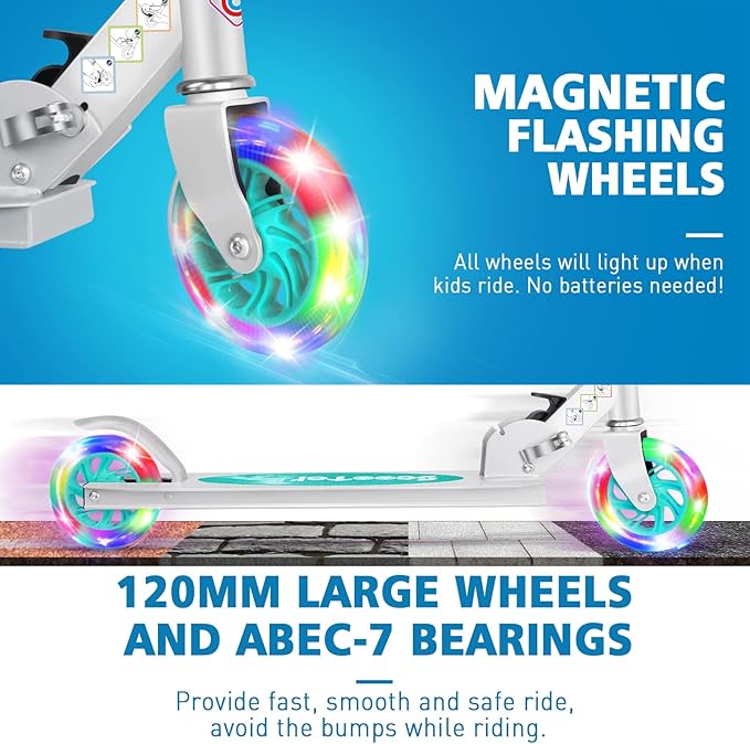 BELEEV V1 Scooters for Kids, 2 Wheel Folding Kick Scooter for Girls Boys, 3 Adjustable Height, Light Up Wheels, Lightweight Scooter with Sturdy Frame, Kickstand for Children 3 to 12 Years Old