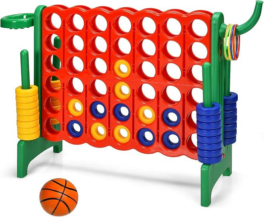 Costzon Giant 4-in-A-Row, Jumbo 4-to-Score Giant Game w/Basketball Hoop, Ring Toss, Quick-Release Slider, 42 Jumbo Rings, Indoor Outdoor Family Connect Game for Kids & Adults, Backyard Games, Green