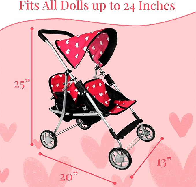 My First Doll Twin Stroller - Cutest Heart Design Doll Twins Stroller - Great Toy Gift for Girls