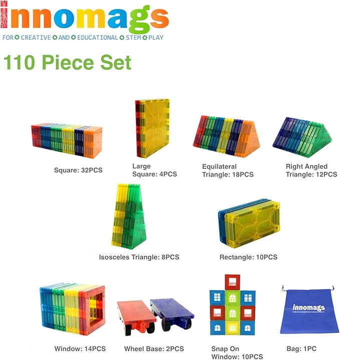 Magnet Tiles 110 Piece Magnetic Building Blocks Jumbo Tile Set, Clear 3D Magnetic Tiles Stem Educational Construction Playboards for Kids, Creative Clickins, Wheels, Bag, Safety Certified