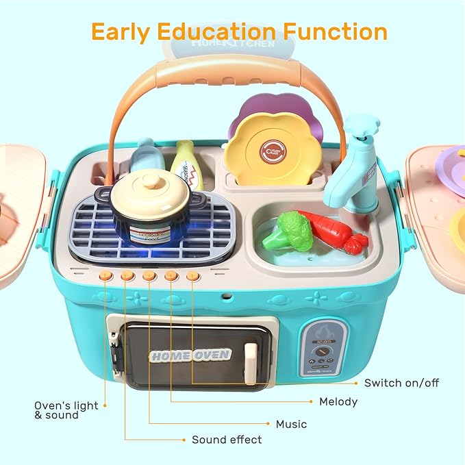 CUTE STONE Kids Picnic & Kitchen Playset,Portable Pinic Basket with Musics & Lights, Color Changing Play Foods, Sink,Pretend Play Oven and Other Accessories Toys for Boys and Girls