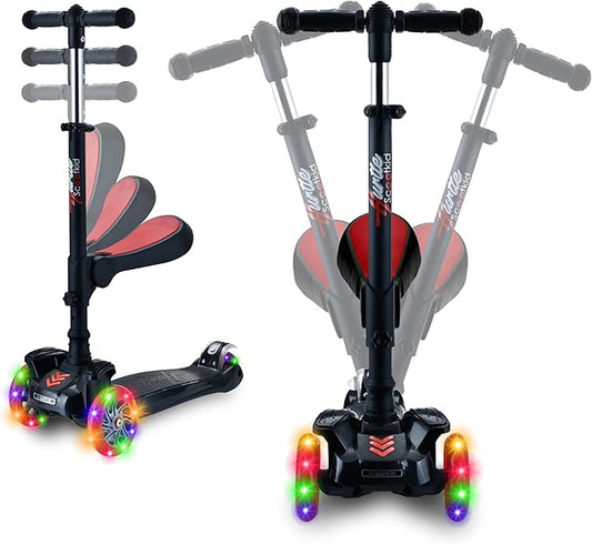 Hurtle 3-Wheeled Scooter for Kids - Wheel LED Lights, Adjustable Lean-to-Steer Handlebar, and Foldable Seat - Sit or Stand Ride with Brake for Boys and Girls Ages 1-14 Years Old