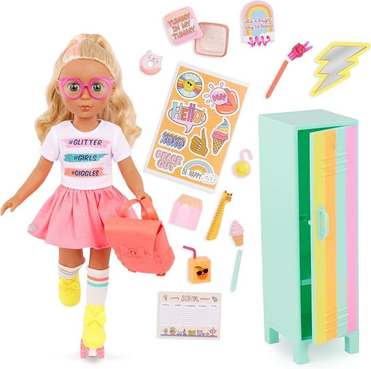 Glitter Girls – 14-Inch Poseable Doll Set – Blonde Hair & Green Eyes – School Locker, Roller Skates & Accessories – Toys for Kids 3 Years+ – Sunnie & GG School Locker Playset