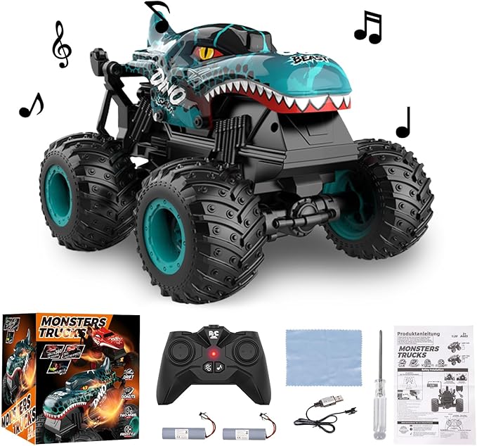 Monster Truck Toys, 2.4Ghz RC Monster Trucks for Boys, 1:20 Dinosaur RC Cars with Light & Music, Remote Control Truck with Stunt, 360° Spin, Walk Upright& Drift, Remote Control Car for Boys 4-7