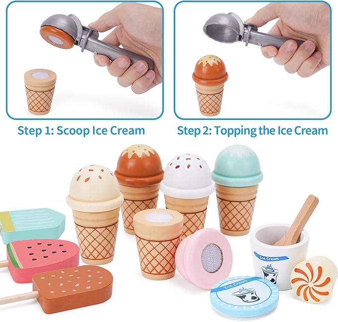 Wooden Ice Cream Counter Playset for Kids, Toddler Girl Toys Kitchen Playset Pretend Play Gifts for 3 4 5 6 Year Old Girl or Boy, Play Food Scoop and Serve, Play Kitchen Sets for Kids Ages 4-8