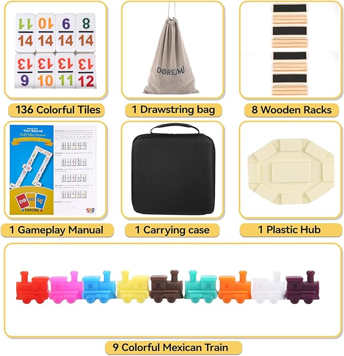 Double 15 Mexican Train Dominoes Set with 8 Wooden Racks & 136 Number Tiles Portable Travel Board Game for Kids and Adults Family Game Night
