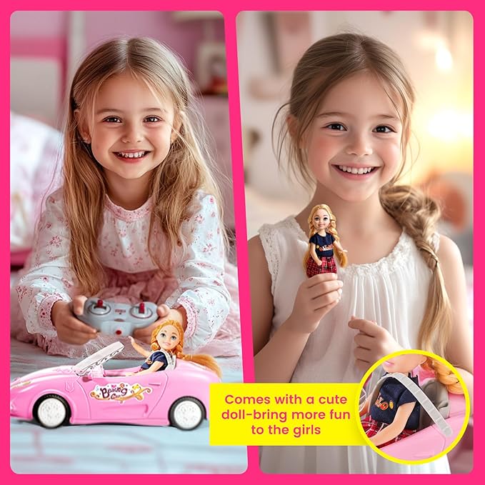 Pink RC Car for Girls, 1:18 Racing Car with Doll, 2.4Ghz Remote Control, Birthday Toy for Girls 8-10