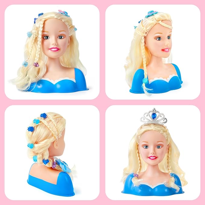 Hair Styling Doll Head Makeup for Girls Toys Kids Practice Pretend Play Beauty Set with Hairdryer Curling Iron Crown Brushes Comb Accessories Birthday Gifts for Girls 3 4 5 6+ Years Old Christmas