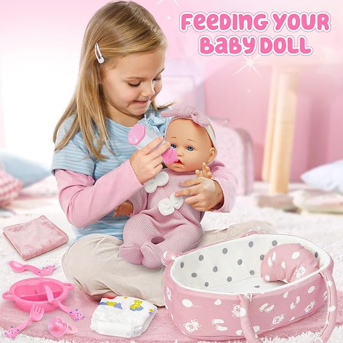 Golray 12" Soft Baby Doll Set with Accessories Bassinet Carrier, 13 Pcs First Toddlers Realistic Baby Doll Crib with Pillow/ Clothes/ Feeding Kit, Pretend Play Toy Birthday Gift for Girls Ages 3 4 5 6