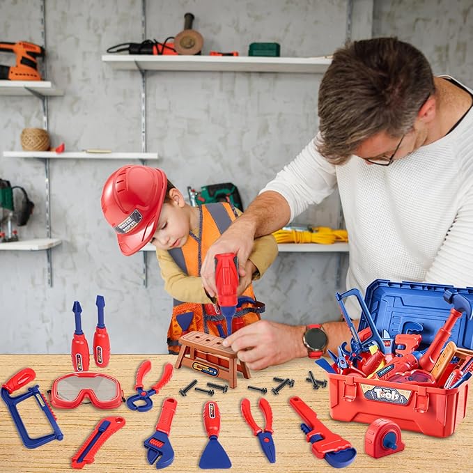 Kids Tool Set, MAGIC4U 49PCS Toddler Tool Set with Electronic Toy Drill,Tape Measure 12 Tool Equipment,Pretend Play Construction Costume with Safety Vest Hat,Toy Tool Box for Kids Boy Girl Age 3-8