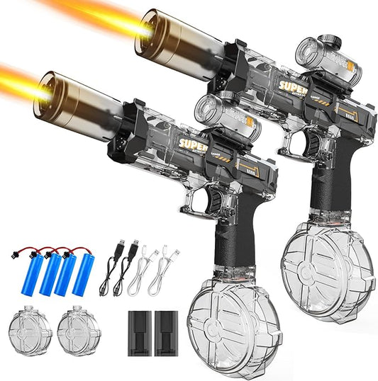 2 Pack Electric Water Guns,Auto Watergun Soaker Blaster with Muzzle Lights,Squirt Gun Long Range 23-32 FT,Outdoor Party Water Shooting Game Toy with 4 Batteries,Ideal Summer Gift for Kids & Adults.