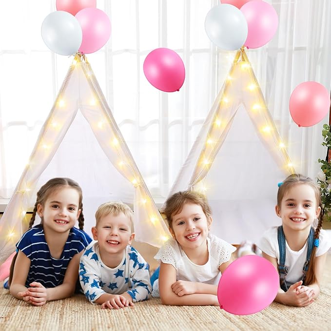 8 Pack Sleepover Tent for Girls Party,Teepee Tent for Kids Slumber Party Bulk with Light String,Air Mattress,Fitted Sheet,Washable Natural Cotton Toddler Teepee for Indoor Outdoor(White)